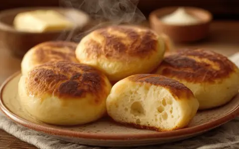 Dampfnudle moelleux et dorés, un délice de la recette traditionnelle. Vapeur s'échappant d'une assiette, avec du beurre et de la crème en arrière-plan.