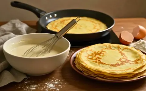 Préparation d'une recette de crêpes : pâte dans un bol, crêpes cuites dans une poêle et empilées, œufs et farine.