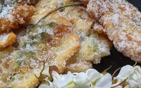 Délicieux beignets d'acacia, croustillants et saupoudrés de sucre, accompagnés de fleurs blanches.