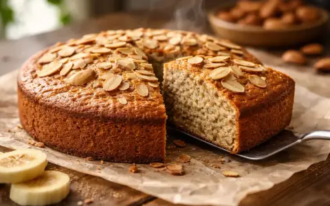 Un délicieux gâteau sans sucre, garni d'amandes effilées, avec une part servie sur une pelle.