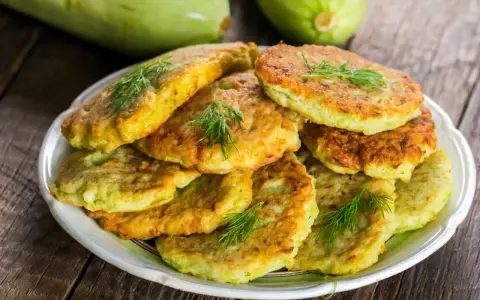 Pile de beignets de courgette dorés et moelleux, garnis de brins d'aneth frais, sur une assiette blanche. Deux courgettes vertes floues en arrière-plan.
