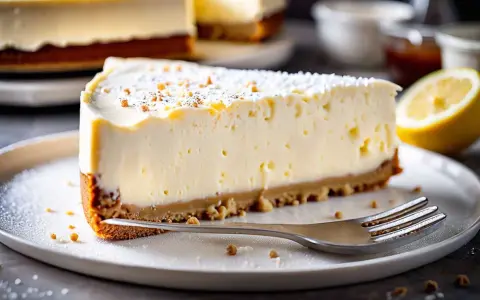 Tranche de cheesecake sans cuisson crémeux, garnie de miettes et de sucre glace, avec un quartier de citron à côté.
