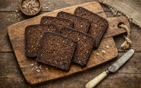 Tranches de pumpernickel sur une planche en bois, prêtes pour une délicieuse recette. Un bol de graines et un couteau complètent la scène rustique.