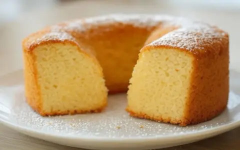 Gâteau moelleux en forme de couronne, saupoudré de sucre glace. Un délicieux dessert sans oeuf, parfait pour toutes les occasions.