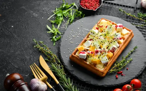 Gaufre salée garnie de fromage, de dés de mangue et de pousses, sur une ardoise noire.