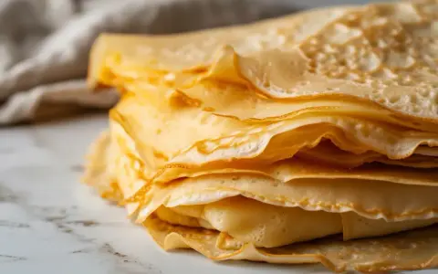 Pile de crêpes dorées et fines, parfaites pour un petit-déjeuner gourmand. Ces crêpes sans lait sont légères et délicieuses.