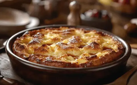 Un délicieux pain perdu doré et croustillant, saupoudré de sucre glace, dans un plat en terre cuite.