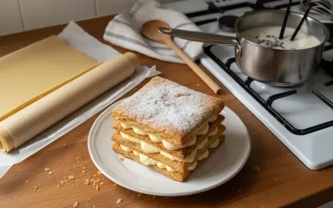 Un mille-feuille prêt à être dégusté, avec de la pâte feuilletée et de la crème pâtissière. On se demande si peut on faire un mille-feuille la veille pour un plaisir garanti.