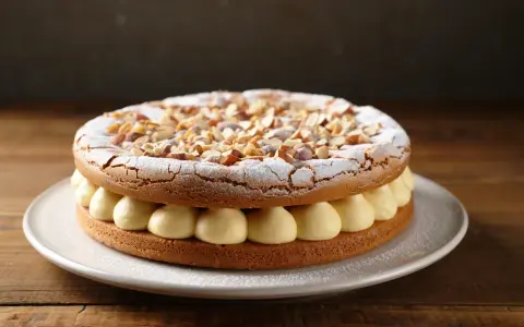 Dacquoise aux amandes et crème pâtissière. On peut faire une dacquoise la veille, elle sera parfaite pour ce gâteau !