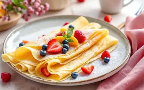 Crêpes dorées garnies de fruits rouges et de menthe, parfaites pour une recette pâte à crêpe facile sans repos.