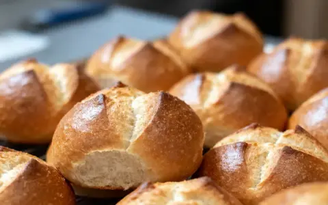 Une fournée de petits pains allemands dorés et croustillants, prêts à être dégustés.