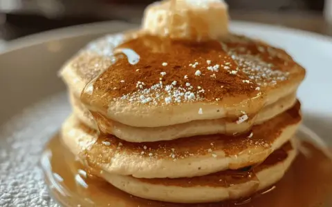 Pile de pancakes moelleux, nappés de sirop d'érable et saupoudrés de sucre glace. Une recette de pancakes qui fait saliver !