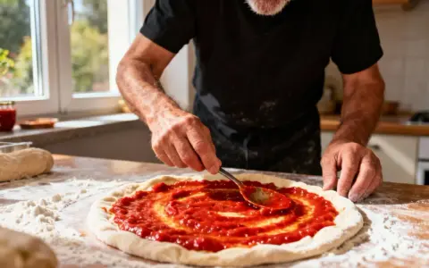 Un homme prépare une pizza, étalant un coulis de tomates sur la pâte avec une cuillère. La farine est saupoudrée sur la table.