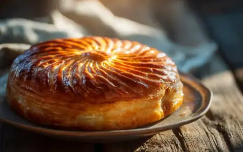 Un délicieux pithiviers gateau doré, aux feuilletages brillants, prêt à être dégusté sur une table en bois rustique.
