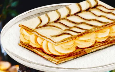Gâteau rectangulaire avec des couches de pâte feuilletée et de crème pâtissière, décoré de fines lignes chocolatées.