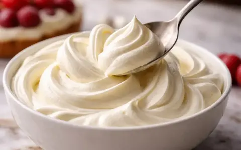 Une cuillère prélève une portion de chantilly mascarpone onctueuse dans un bol blanc. Des fruits rouges sont visibles en arrière-plan.