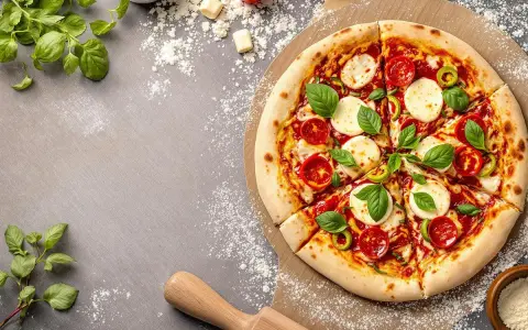 Une délicieuse pizza Margherita, fraîchement sortie du four, sur une planche à pizza. La pâte à pizza est dorée et garnie de tomates, mozzarella et basilic.
