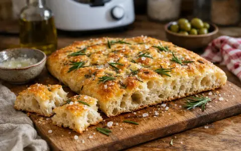 Une focaccia dorée, garnie de romarin frais et de gros sel, prête à être dégustée. Une recette simple pour un pain savoureux.