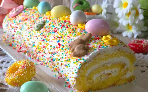 Bûche roulée décorée pour Pâques, recouverte d'un glaçage mascarpone facile et de vermicelles colorés, avec des œufs et un lapin en chocolat.