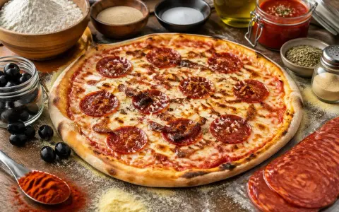 Pizza chorizo appétissante, garnie de rondelles de chorizo croustillantes, entourée d'ingrédients frais pour une création parfaite.