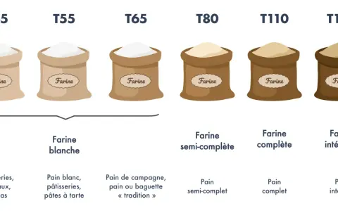 Sacs de farine T45 à T150, de la farine blanche à la farine intégrale, idéale pour le pain au son.