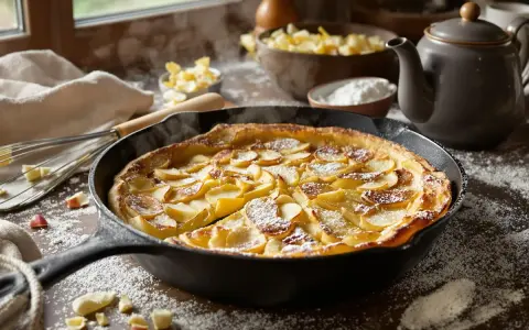 Un matefaim de grand-mère aux pommes, tout juste sorti du four, saupoudré de sucre glace. Une gourmandise réconfortante.