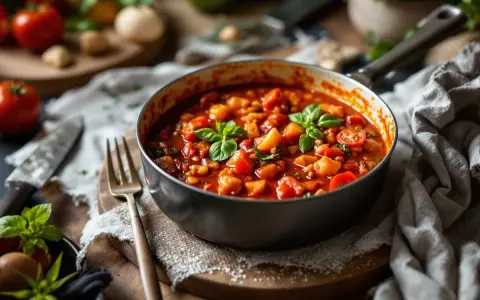 Une poêle remplie de sauce tomate maison, garnie de basilic frais. Des tomates et des herbes sont disposées autour.