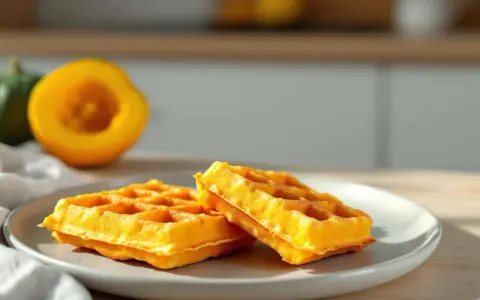 Deux gaufres lyonnaises dorées sur une assiette, avec une courge coupée en deux en arrière-plan.