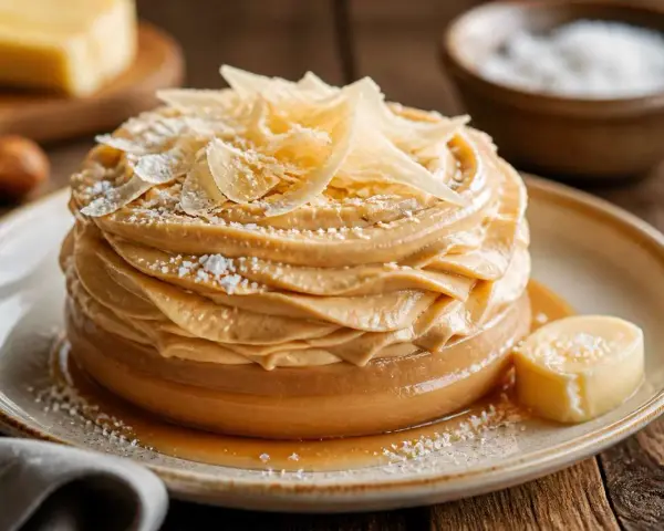 Gâteau crémeux avec chantilly chocolat blanc, garni de copeaux dorés et saupoudré de sucre glace. Un délice visuel et gustatif.