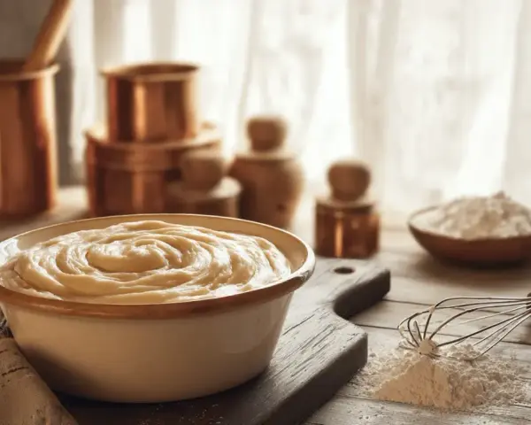 Un bol de pâte à beignets crémeuse, prêt à être cuisiné. Farine et fouet à proximité.