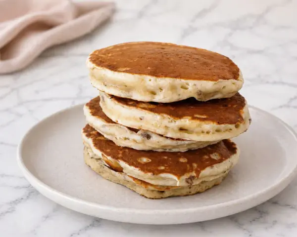 Pile de pancakes banane moelleux, dorés et aérés, servis sur une assiette claire.