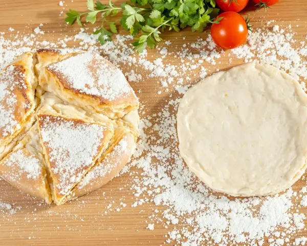 Une recette de pain maison : une miche dorée saupoudrée de farine à côté d'une pâte à pain crue, avec des tomates et du persil en arrière-plan.