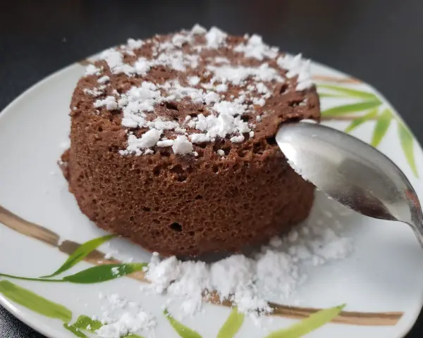 Un délicieux bowl cake au chocolat, saupoudré de sucre glace, prêt à être dégusté avec une cuillère.
