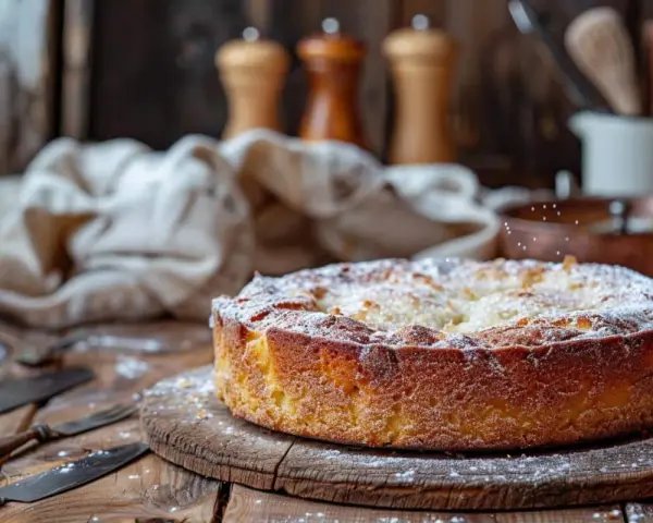 Un délicieux gâteau breton, saupoudré de sucre glace, repose sur une planche en bois. Des couverts anciens sont disposés à côté.