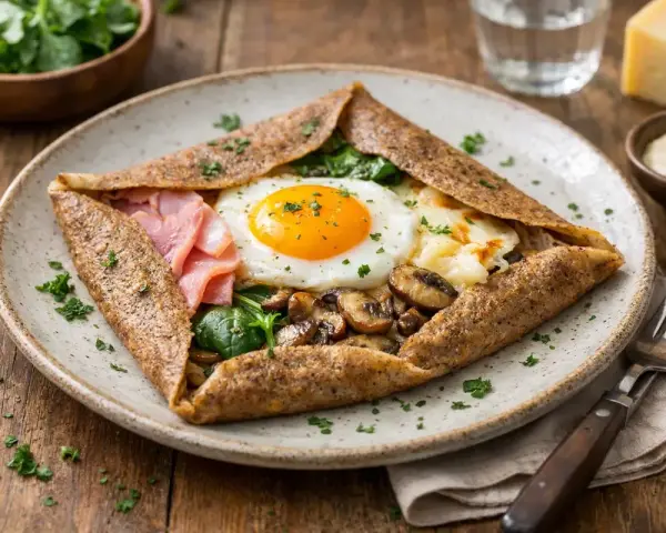Une galette garnie d'un œuf au plat, de jambon, de champignons et d'épinards. Un délice de crêpes salées !