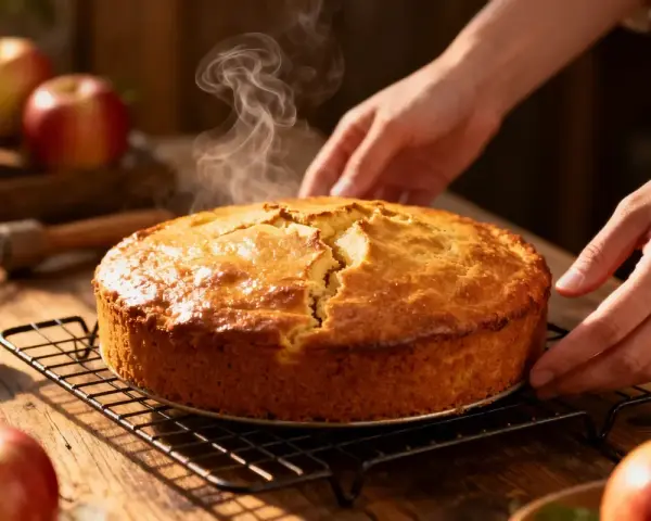 Un délicieux quatre-quarts fumant, tout juste sorti du four, avec des pommes en arrière-plan.
