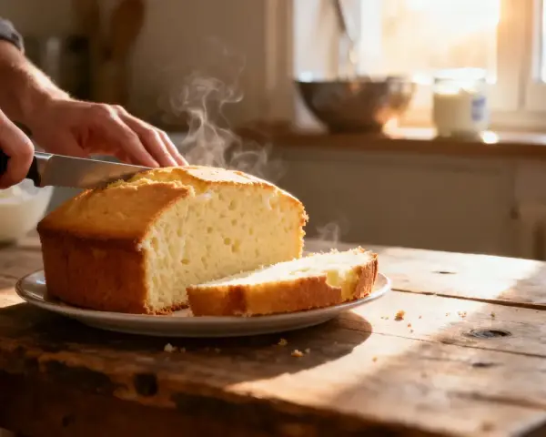 Un délicieux gâteau au yaourt, encore chaud, est coupé en tranches sur une table en bois rustique. La vapeur s'échappe doucement du gâteau.