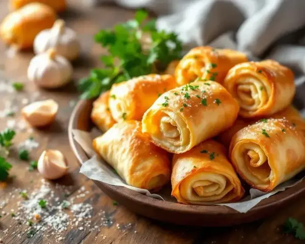 Délicieux rouleaux de pâte filo dorés, parsemés de persil frais. Parfaits pour un apéritif gourmand.
