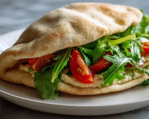 Sandwich pita garni de houmous, roquette et tomates. Une recette simple et savoureuse.