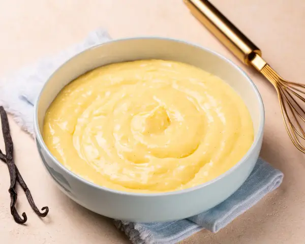 Un bol de crème pâtissière onctueuse, parsemée de points de vanille, avec des gousses de vanille et un fouet doré à proximité.