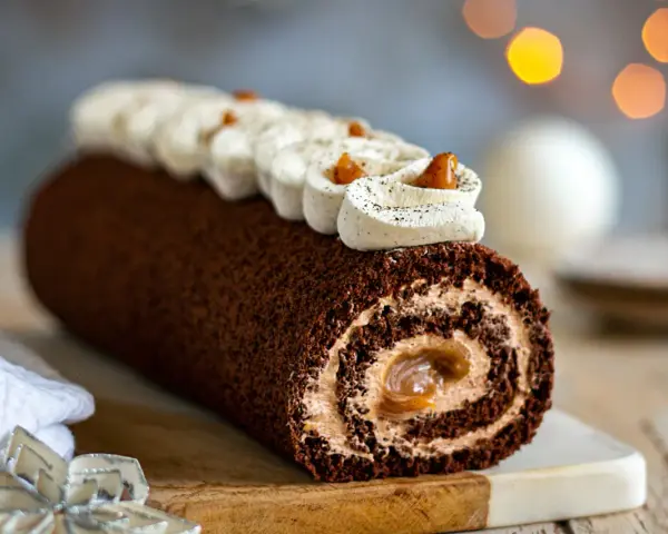 Une délicieuse buche chocolat au lait, roulée et garnie de crème onctueuse, prête à être dégustée.