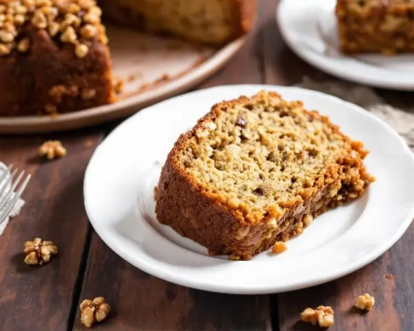 Tranche d'un gâteau aux noix de grand-mère moelleux, parsemé de noix sur une assiette blanche.