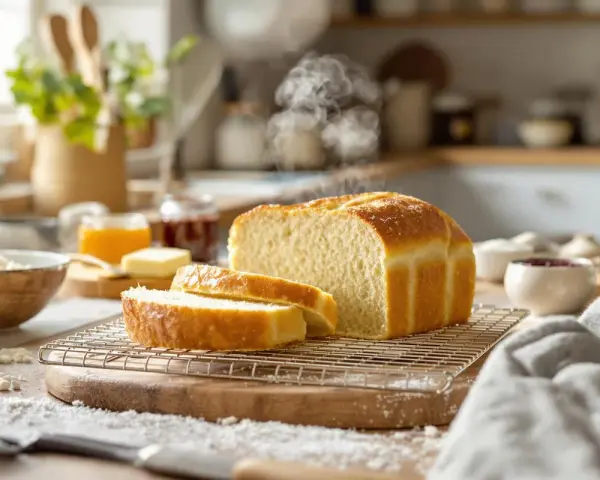 Un pain de mie doré et moelleux, encore chaud, est tranché sur une grille. Des pots de confiture et du beurre sont à proximité, prêts pour un petit-déjeuner gourmand.