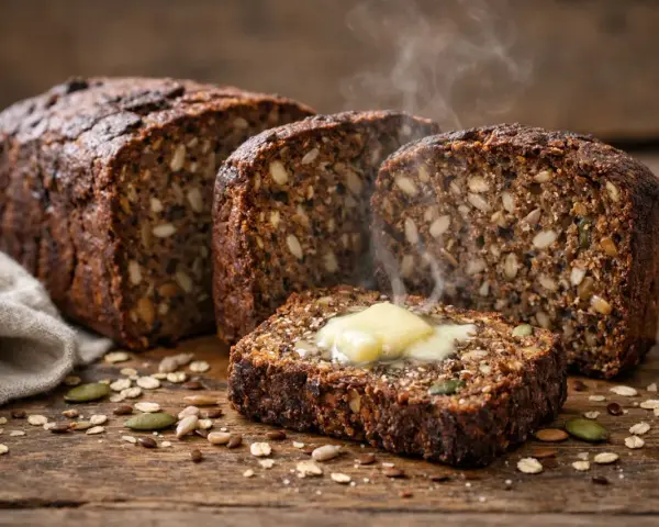 Tranche de pain nordique recette, garnie de beurre fondant et de vapeur s'échappant. Des graines et des flocons d'avoine parsèment la planche en bois.