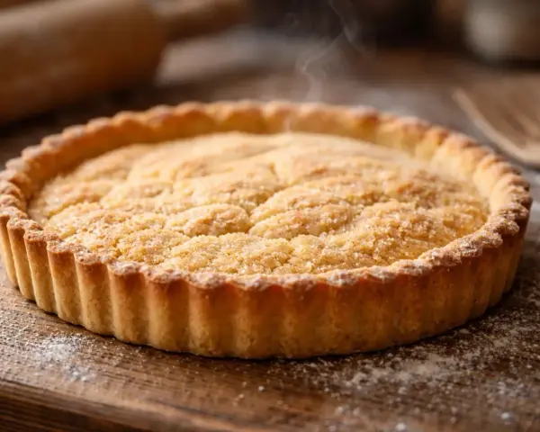Tarte dorée sortant du four, prête à être dégustée. Une invitation à réaliser la recette pâte sablée traditionnelle.