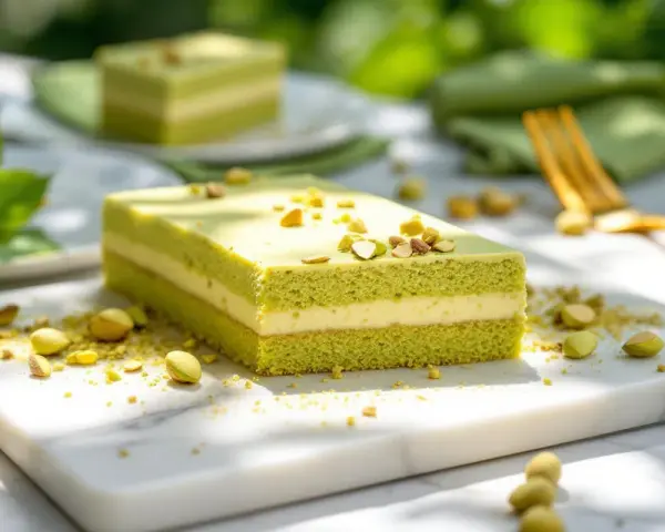 Un délicieux entremet pistache, aux couches aériennes et garni de pistaches concassées, prêt à être dégusté.