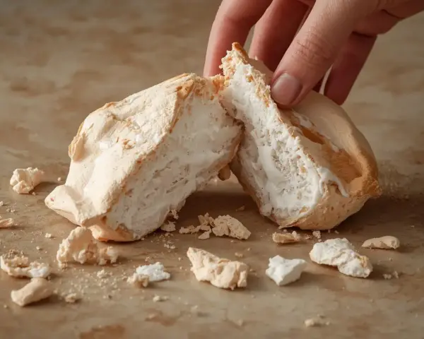 Une main casse une meringue aérienne, parfaite pour une recette meringue. Des miettes tombent sur le plan de travail.
