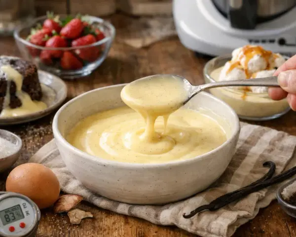 Crème anglaise onctueuse, la recette grand-mère parfaite pour accompagner un moelleux au chocolat ou des fruits rouges.