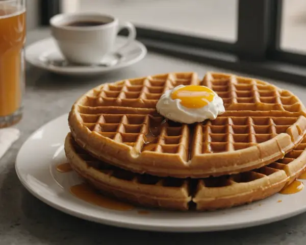 Gaufres dorées nappées de sirop, surmontées d'un œuf poché. Une tasse de café et un verre de jus complètent ce petit-déjeuner gourmand, parfait pour une recette gaufre réussie.