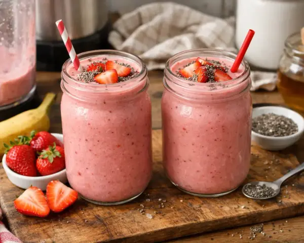 Deux jolis pots de smoothie fraise, garnis de fruits frais et de graines de chia. Un délice fruité prêt à être dégusté !